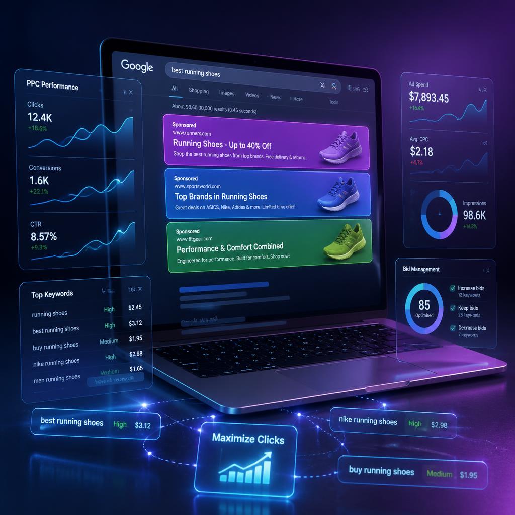 Ultra-detailed 3D render illustration for a PPC digital marketing website: a floating holographic search engine results page with colorful sponsored ad cards, rising click-metrics graphs and bidding keywords orbiting around a modern laptop, deep blue and violet gradient background, glowing edges, cinematic studio lighting, high detail, no people